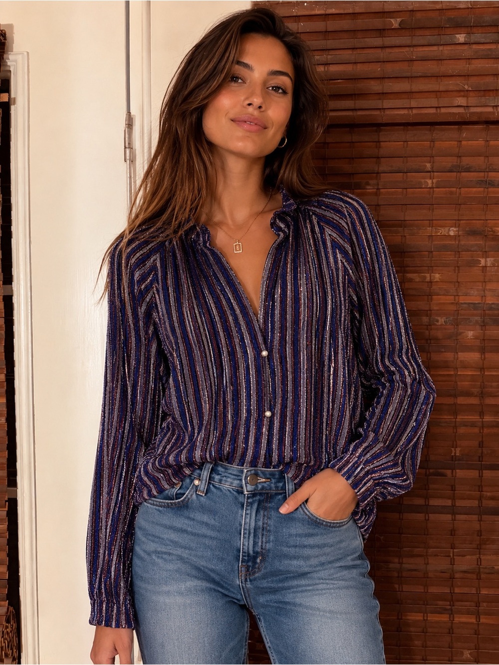 Karlie (boutique brand) Striped  Metallic Navy Long-Sleeve Button Front Top, nwt